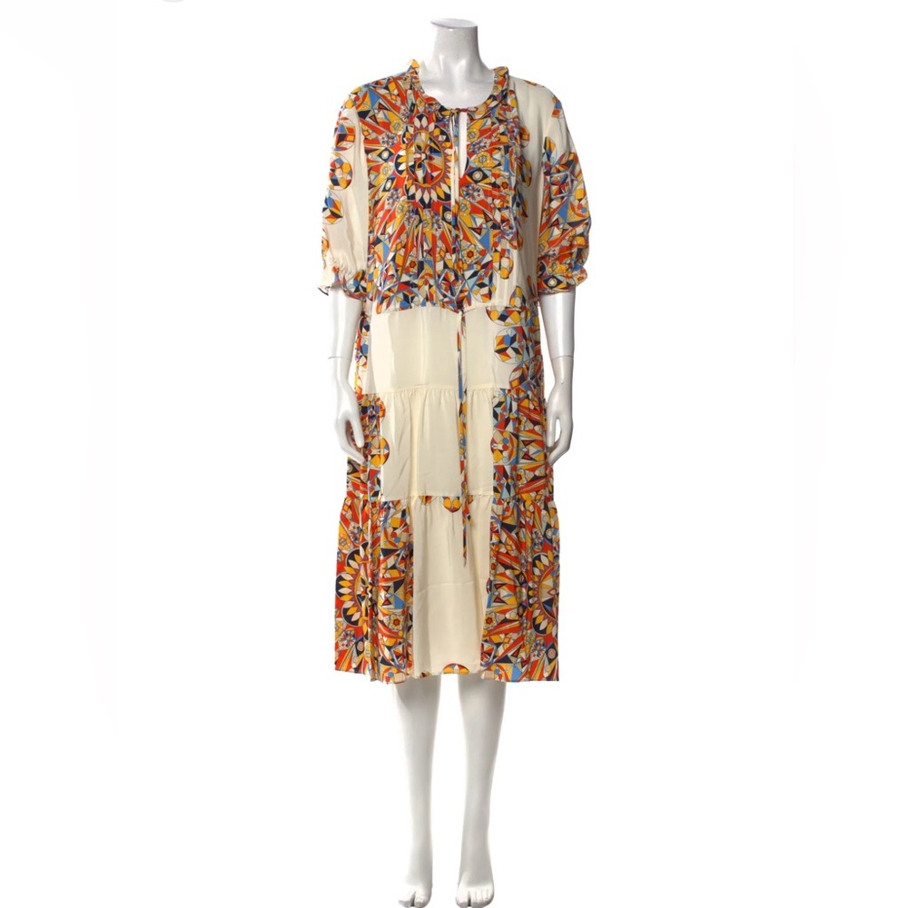 Tori Burch Arabella Silk Midi Dress Sz Small Geometric Print Ivory Bohemian Flaw